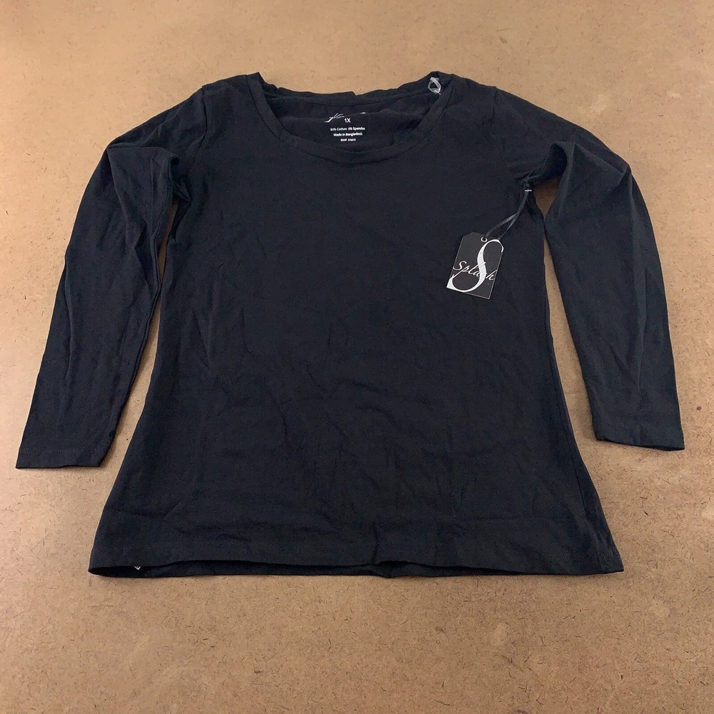 Splash Juniors Size 1X Black Cotton Blend Scoop Neck Long Sleeve Tee NWT